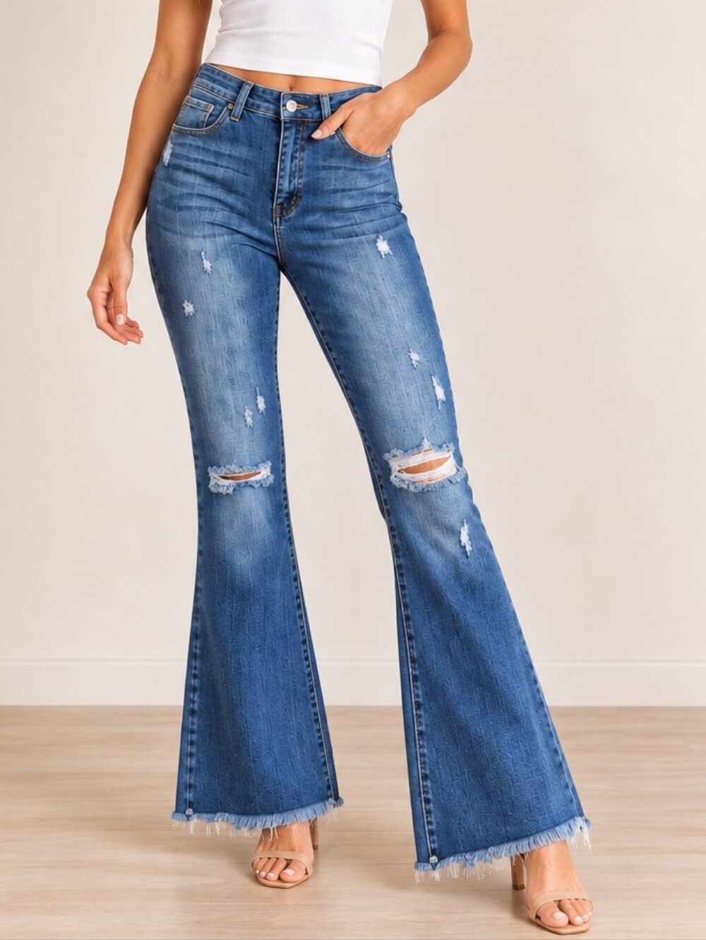 Risen High-Rise Distressed Flare Raw Hem Jeans (Size: 13/31)